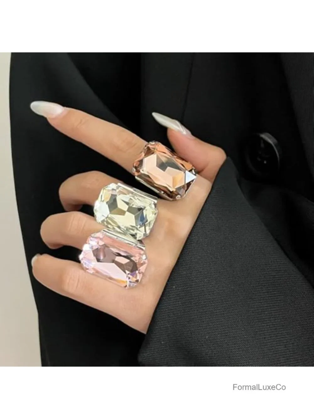 Large Rhinestone Open Statement Ring for Women Adjustable Band